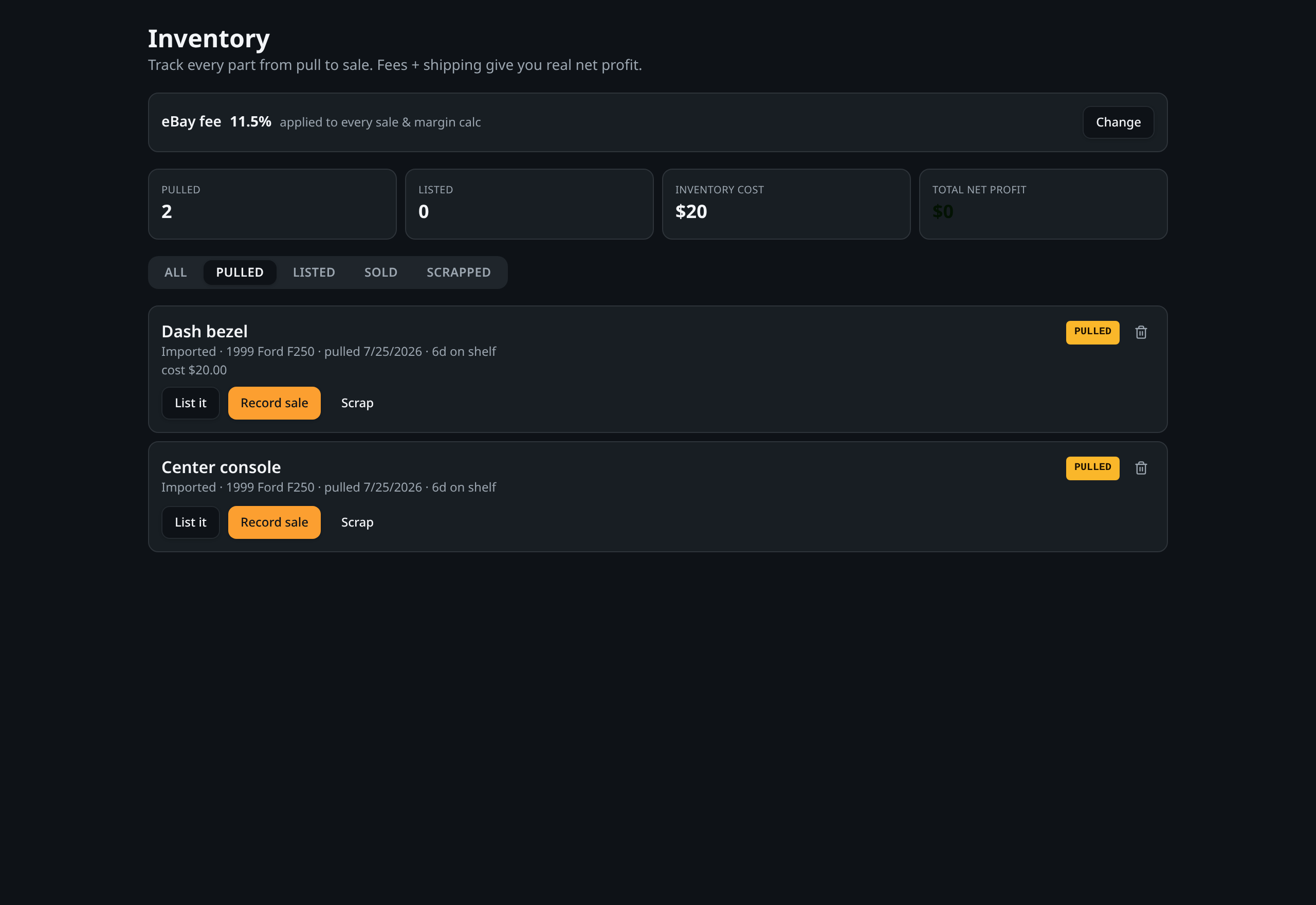 Inventory list showing pulled parts with status and location