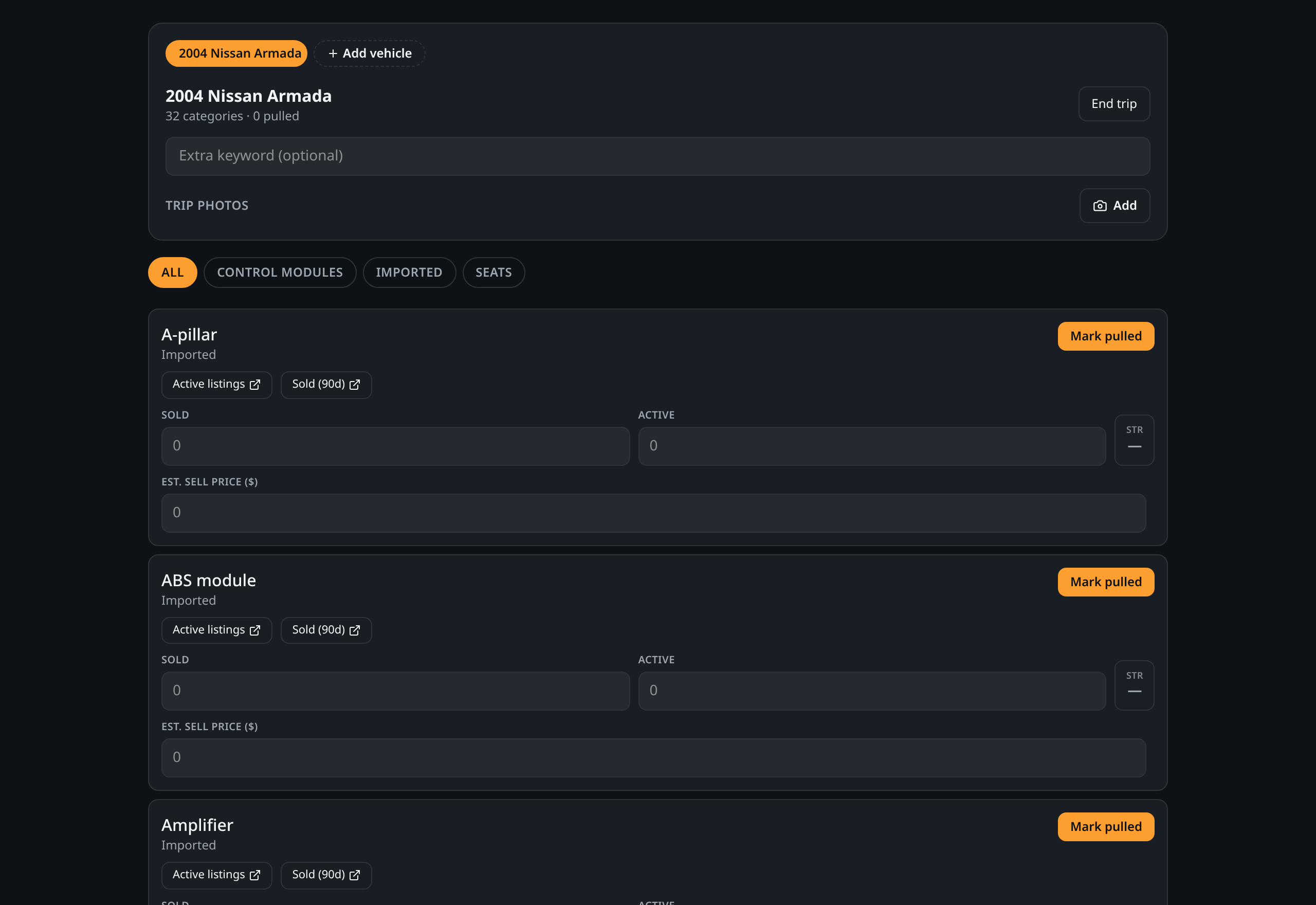 Yard trip screen showing category links and pull decisions
